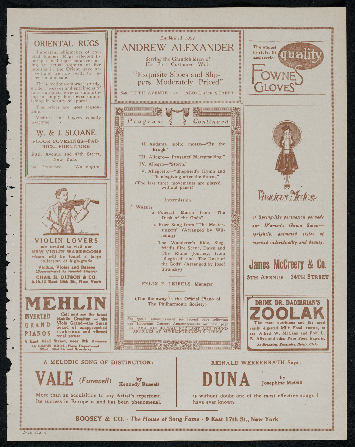 New York Philharmonic, February 20, 1921, program page 7