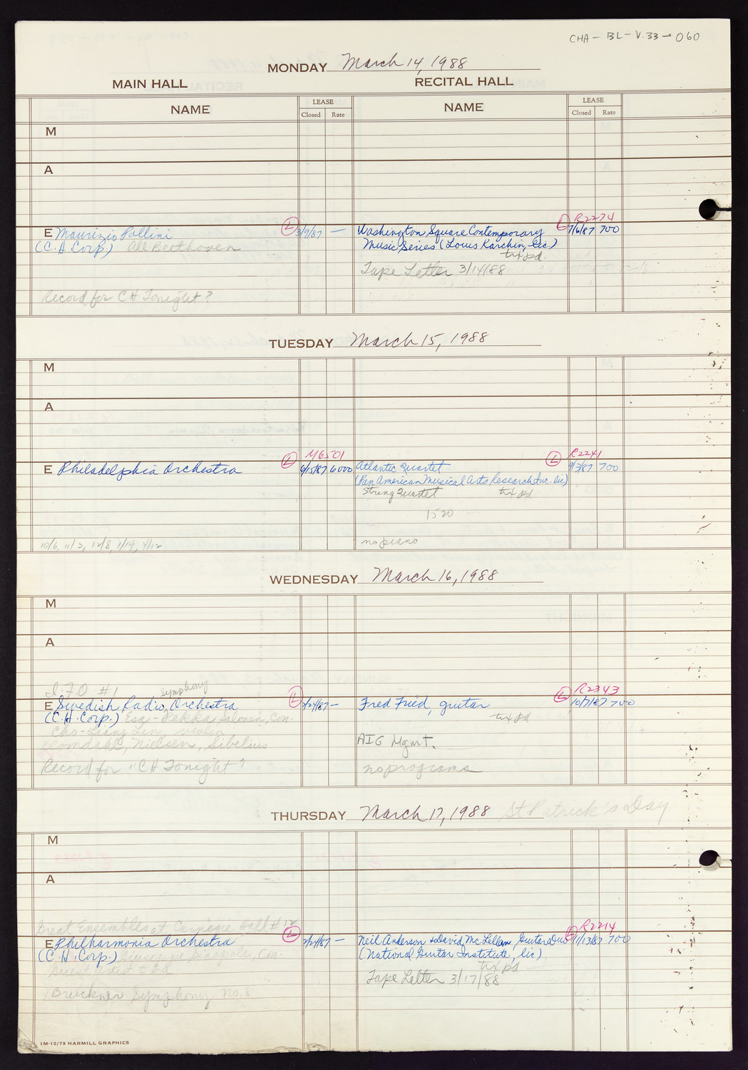 Carnegie Hall Booking Ledger, volume 33, page 60