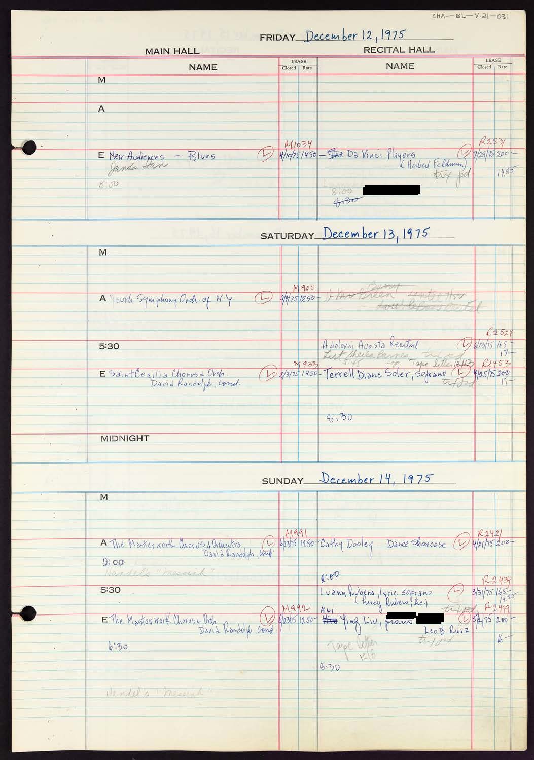 Carnegie Hall Booking Ledger, volume 21, page 31