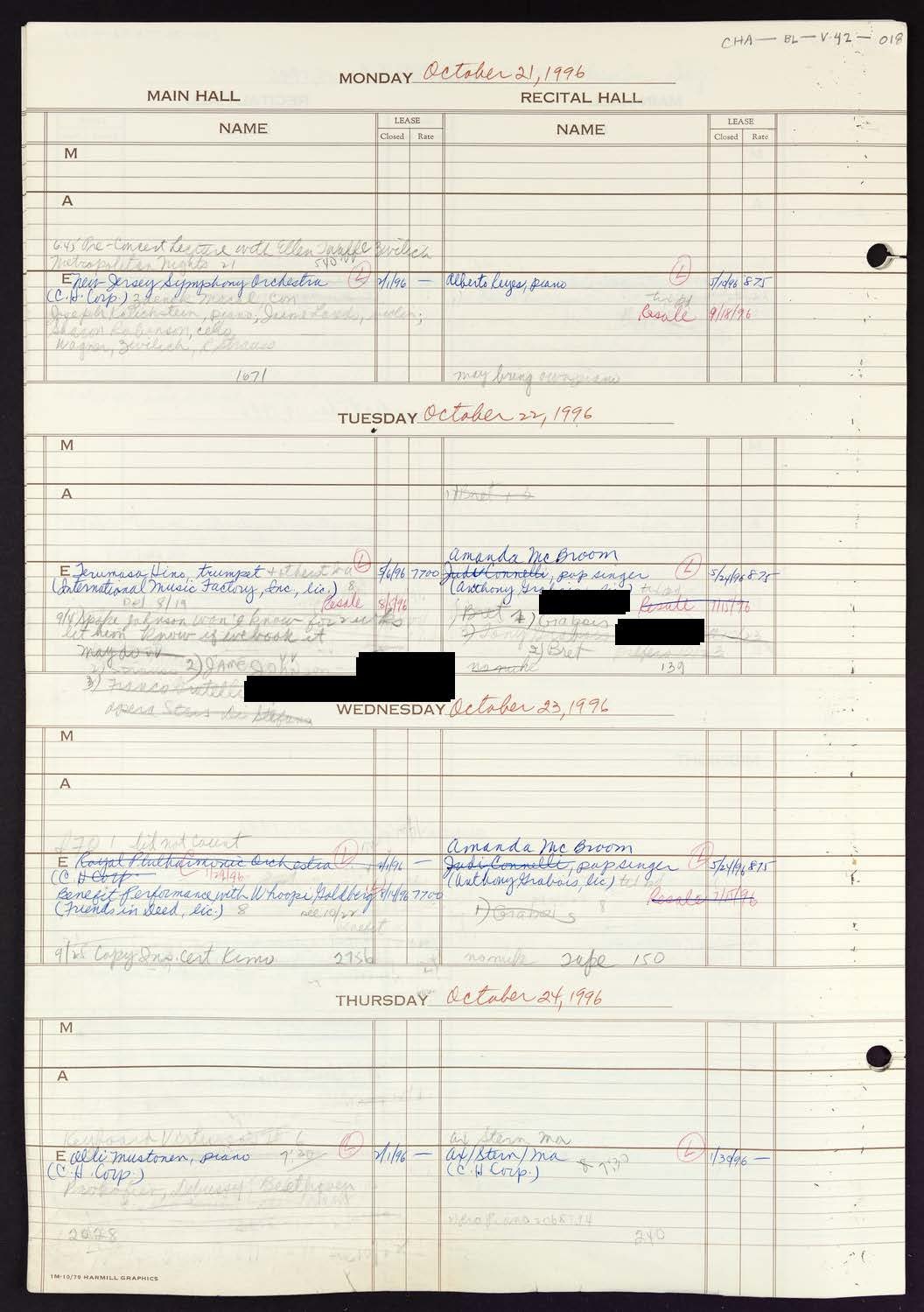 Carnegie Hall Booking Ledger, volume 42, page 18