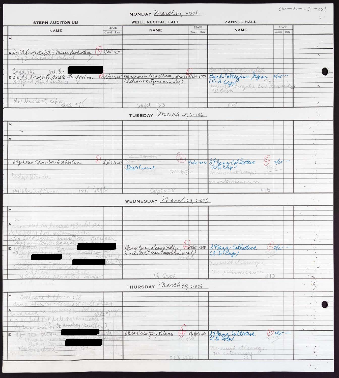 Carnegie Hall Booking Ledger, volume 51, page 64