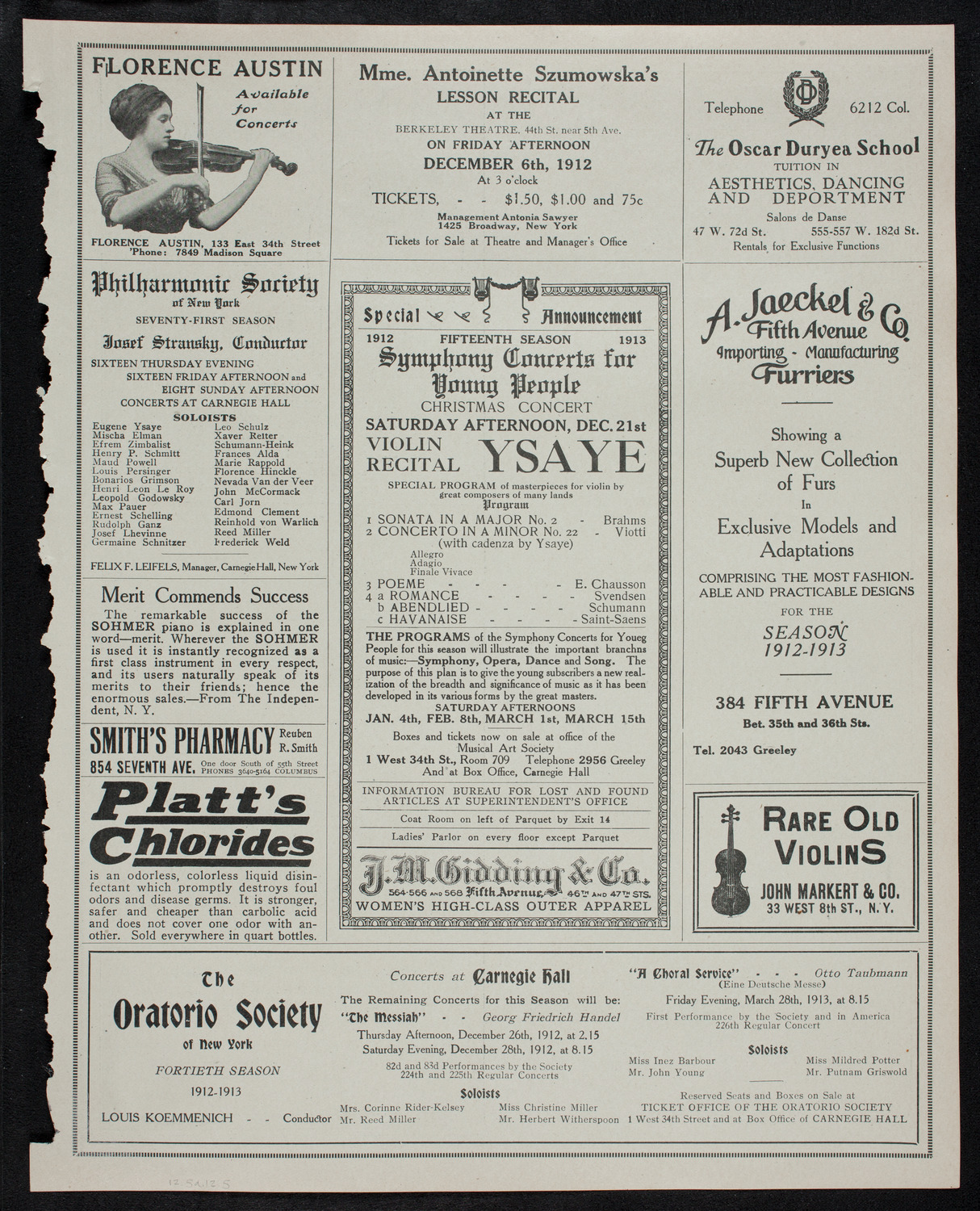Eugène Ysaÿe, Violin, December 5, 1912, program page 9