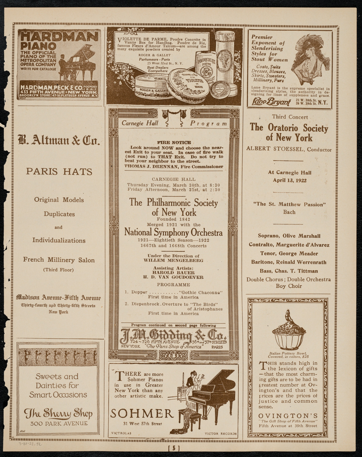 New York Philharmonic, March 30, 1922, program page 5