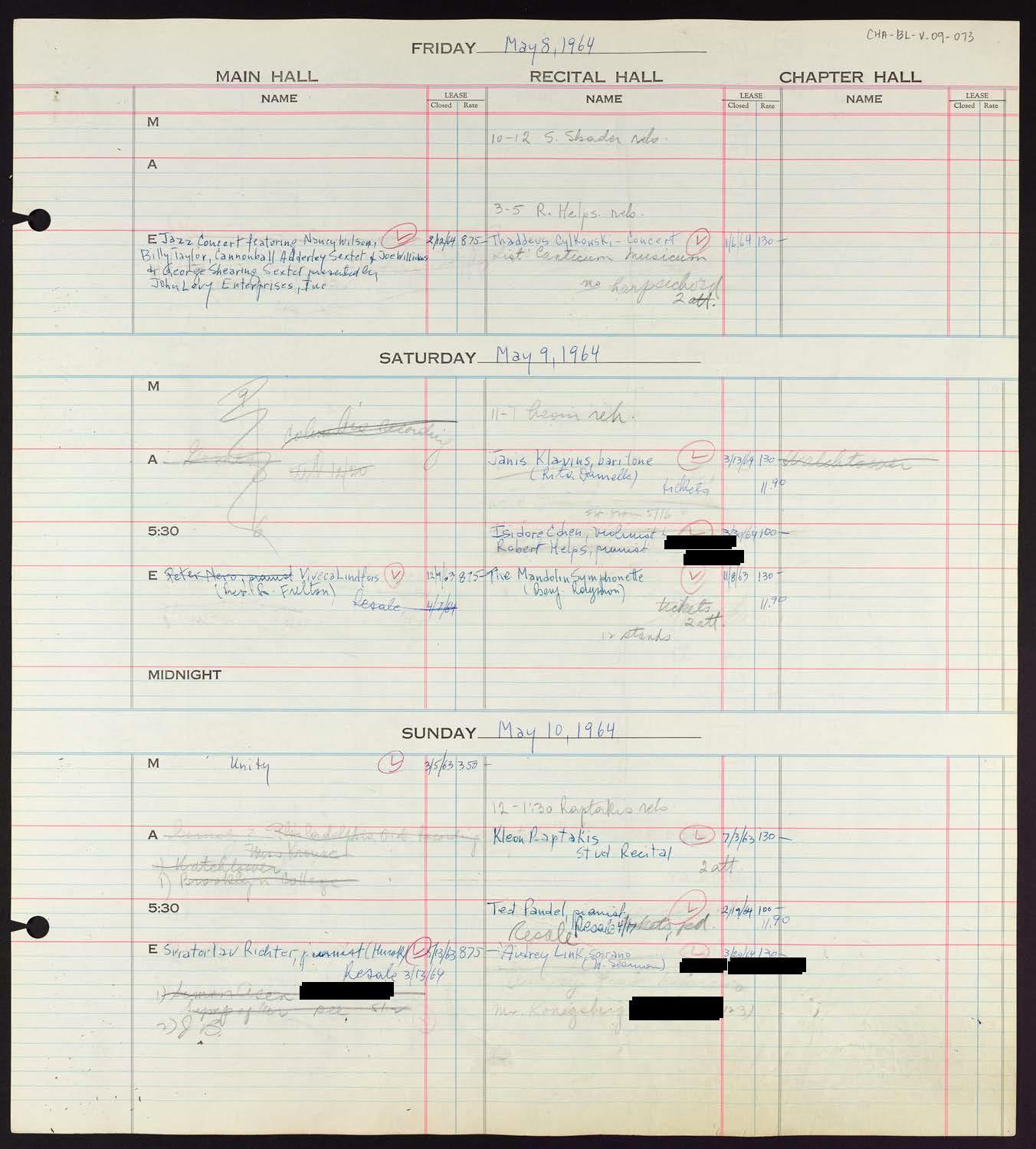 Carnegie Hall Booking Ledger, volume 9, page 73