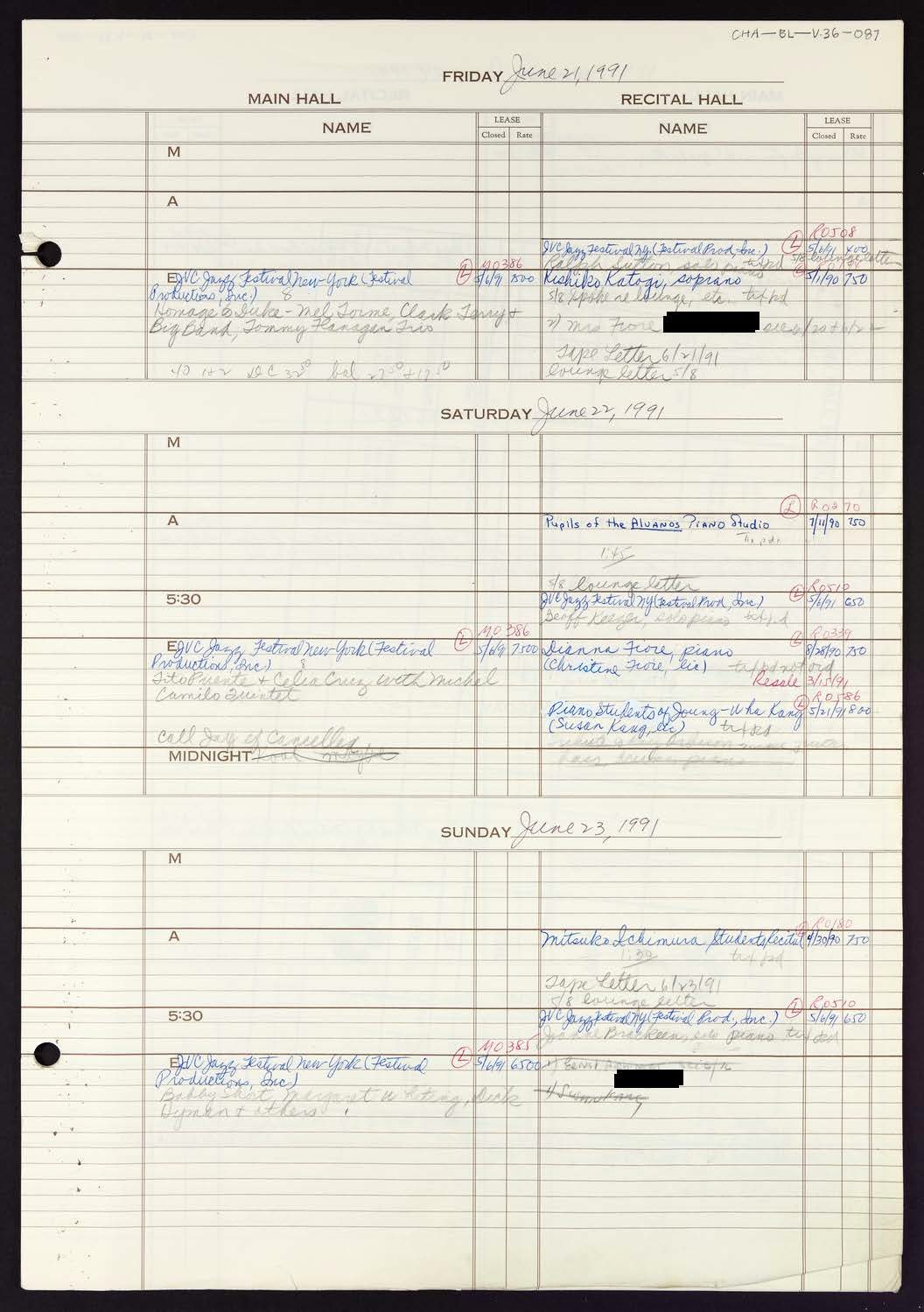 Carnegie Hall Booking Ledger, volume 36, page 87