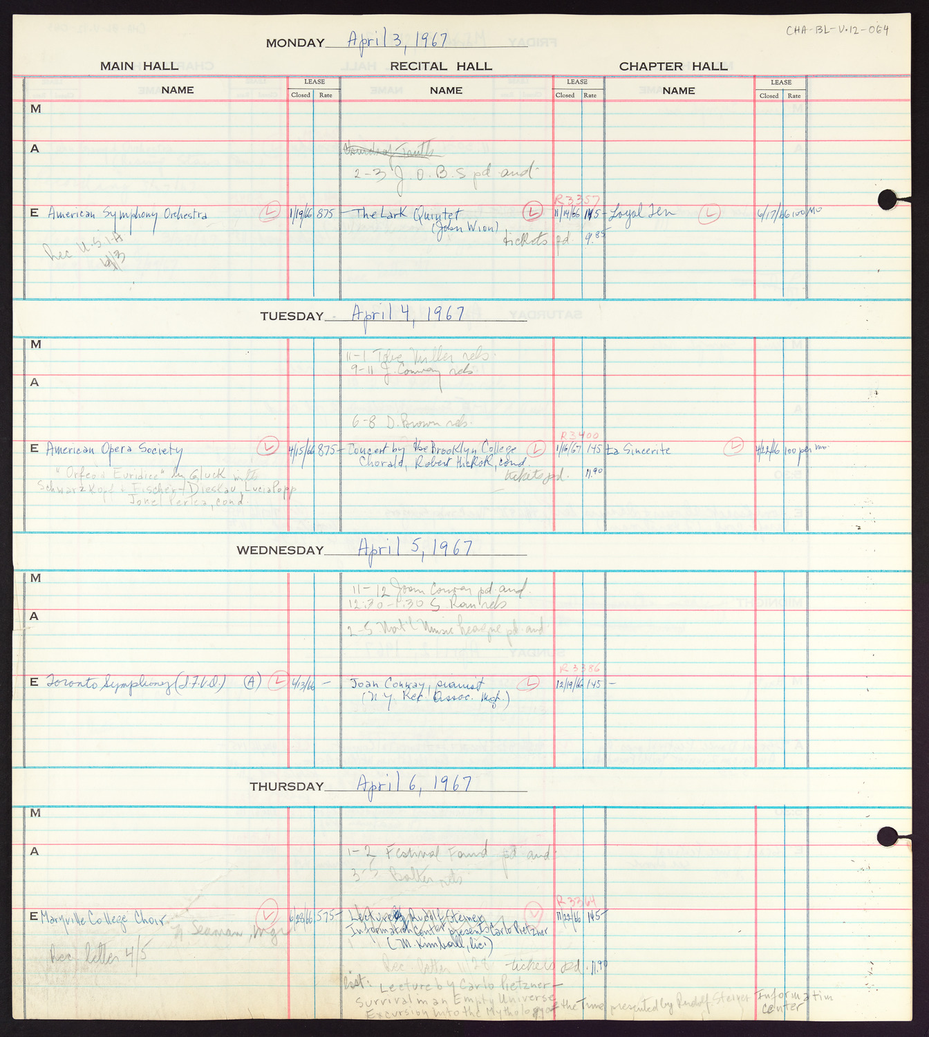 Carnegie Hall Booking Ledger, volume 12, page 64