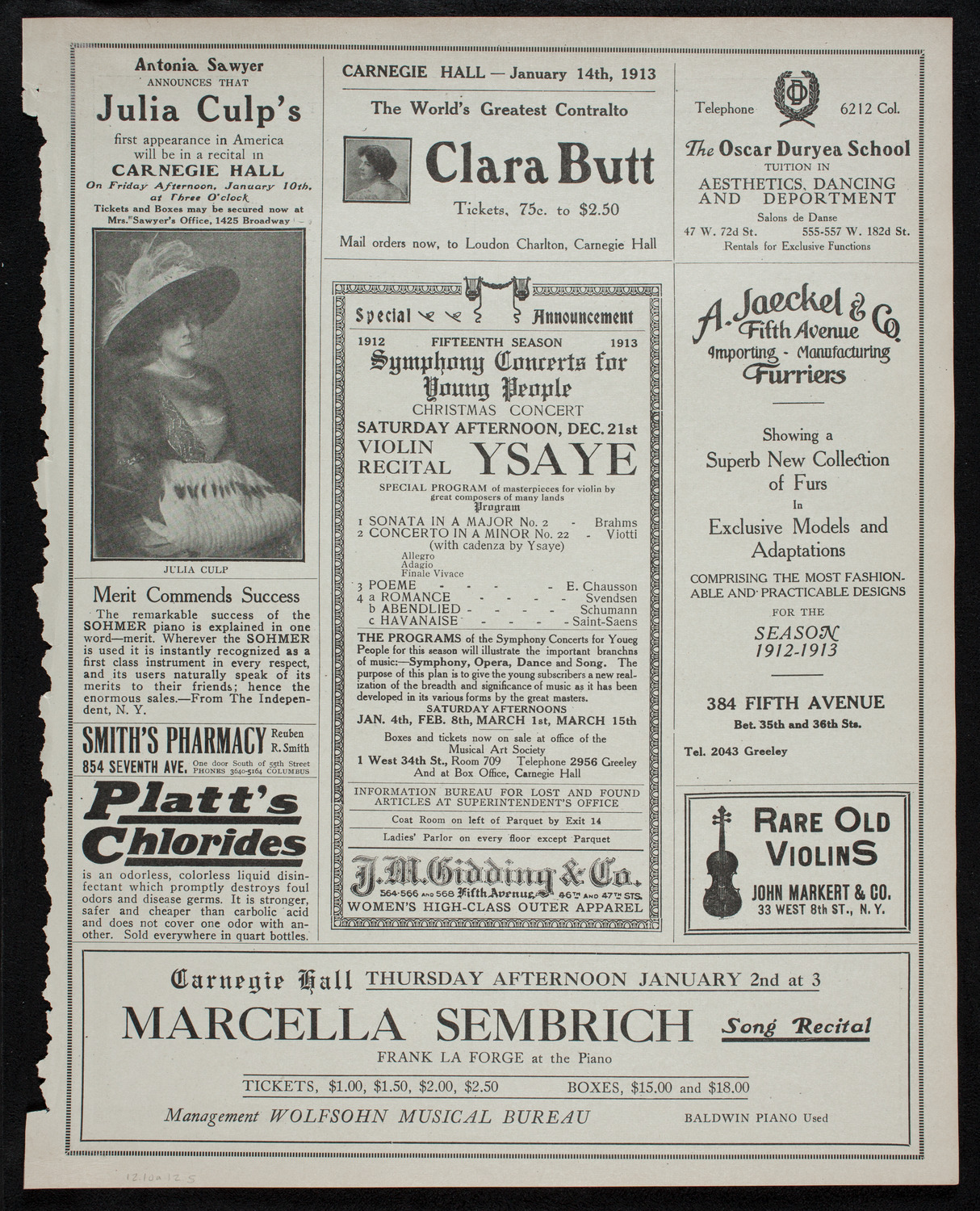 Eugène Ysaÿe, Violin, with the New York Philharmonic, December 10, 1912, program page 9