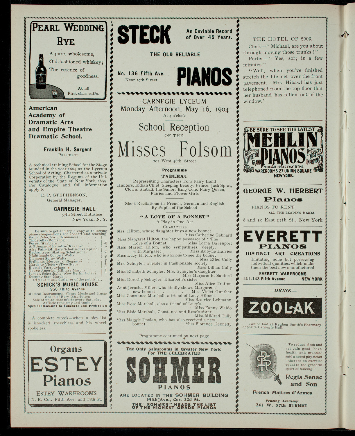 School Reception of the Misses Folsom, 201 West 48th Street, May 16, 1904, program page 2