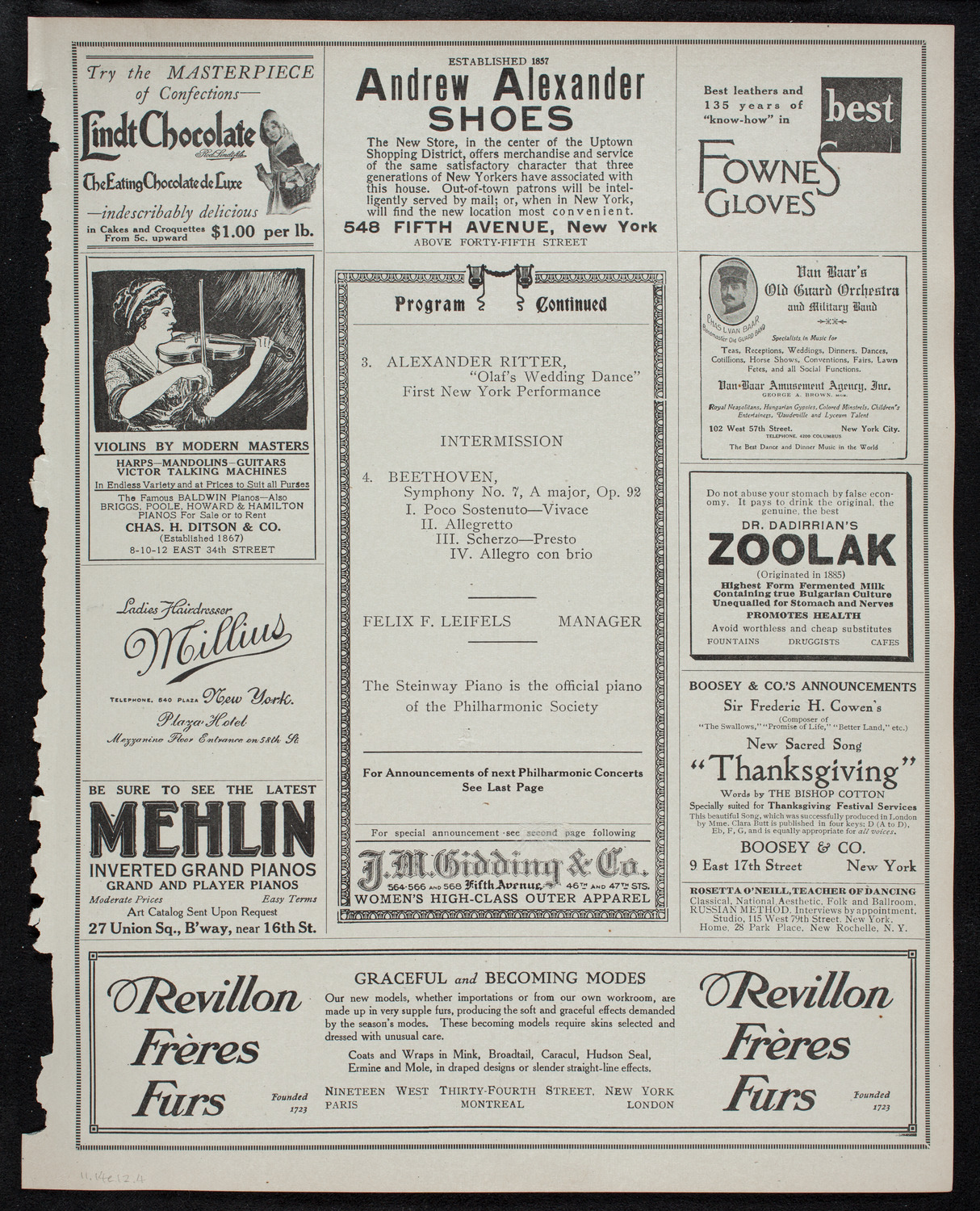 New York Philharmonic, November 14, 1912, program page 7