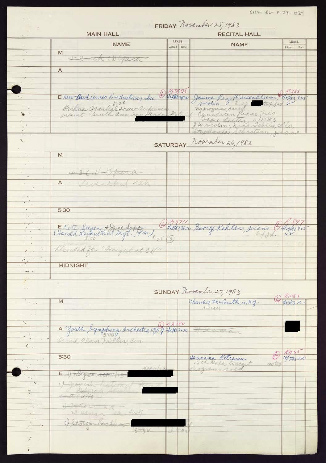 Carnegie Hall Booking Ledger, volume 29, page 29