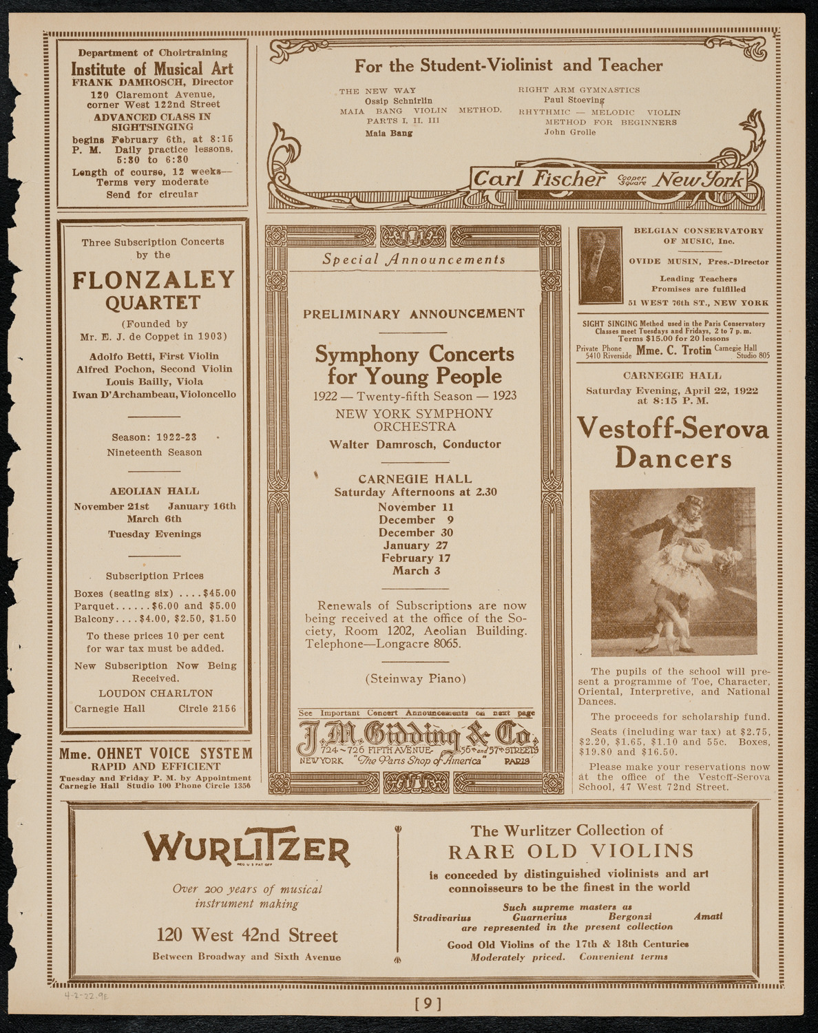 Sergei Rachmaninoff, Piano with the New York Symphony Orchestra, April 2, 1922, program page 9