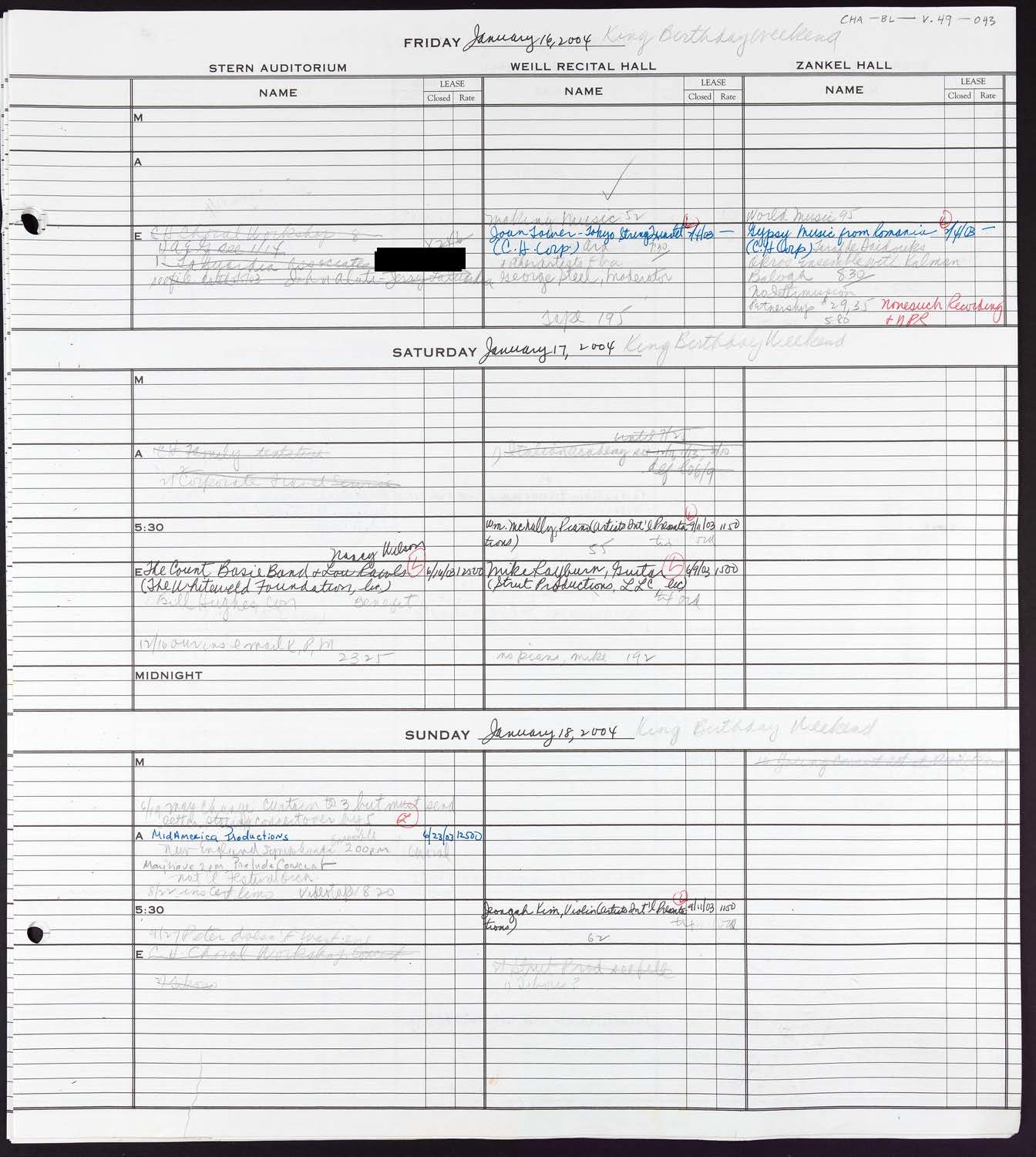 Carnegie Hall Booking Ledger, volume 49, page 43