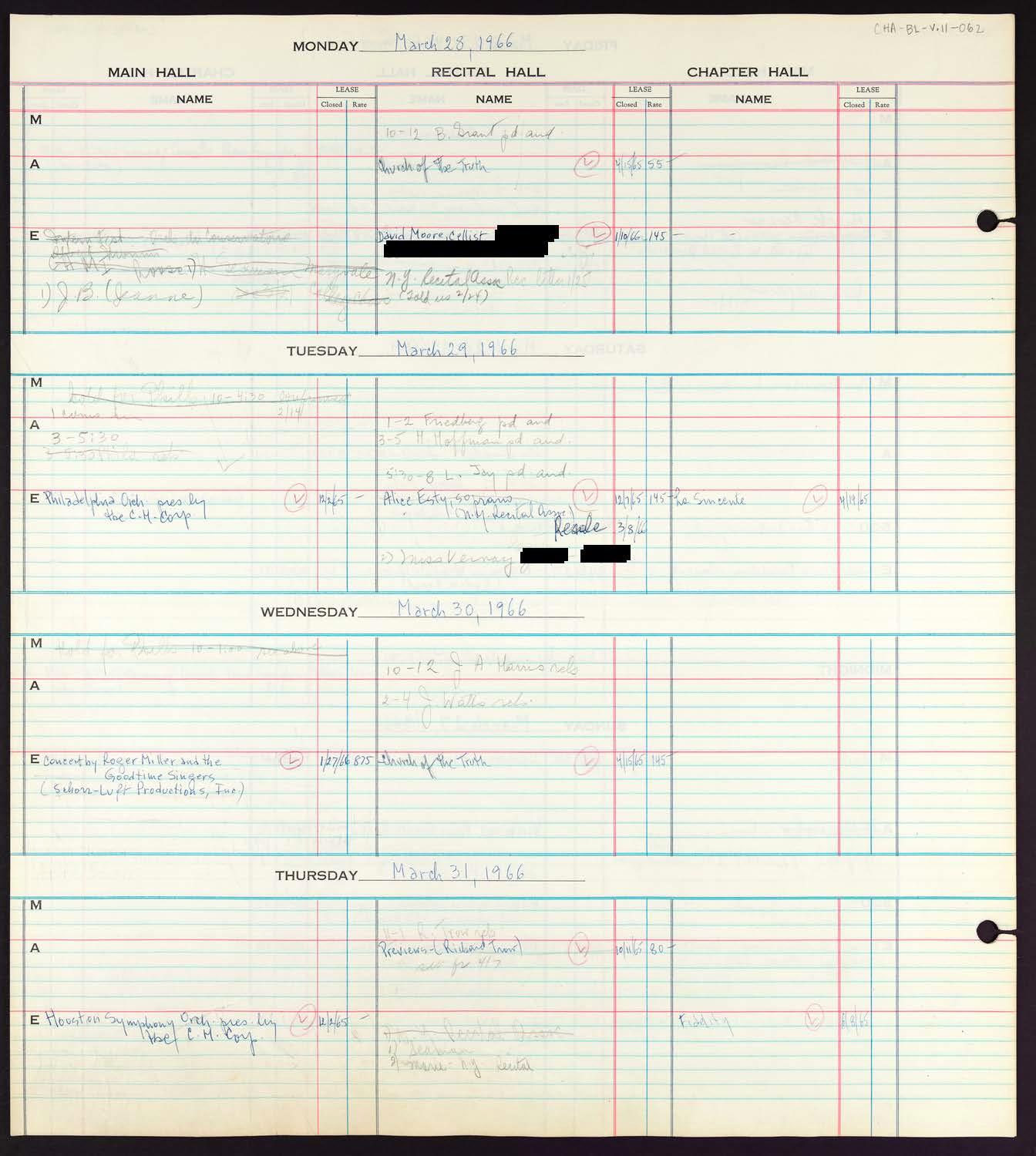 Carnegie Hall Booking Ledger, volume 11, page 62