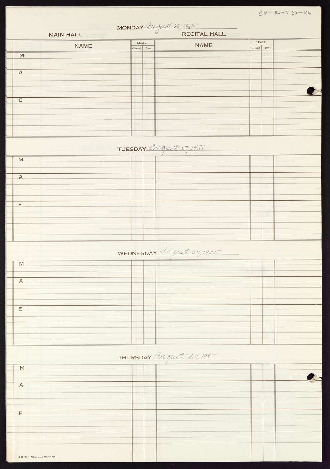 Carnegie Hall Booking Ledger, volume 30, page 106