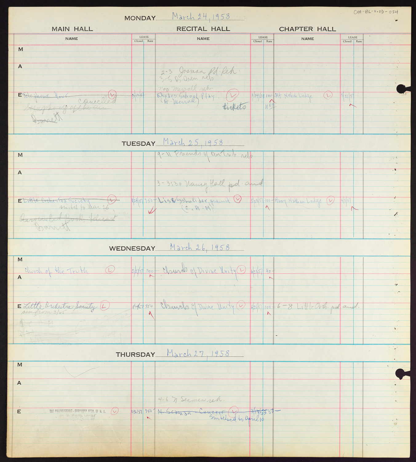 Carnegie Hall Booking Ledger, volume 3, page 54