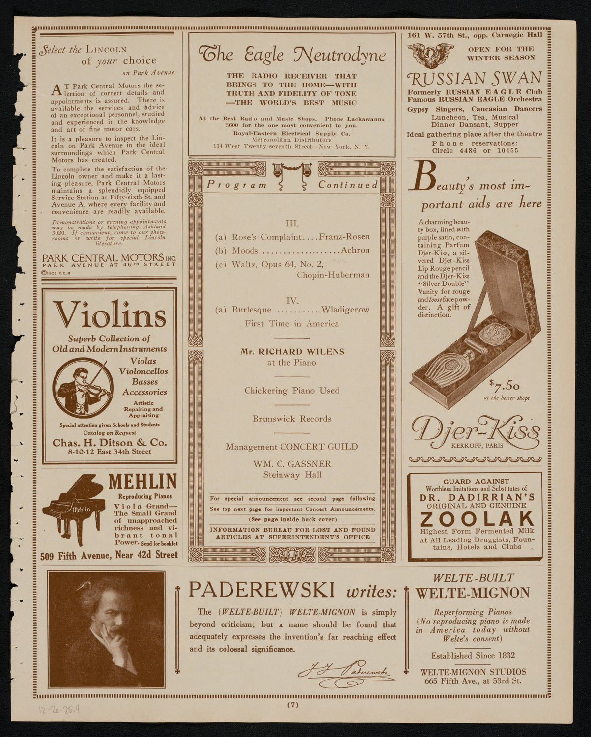 Max Rosen, Violin, December 2, 1925, program page 7