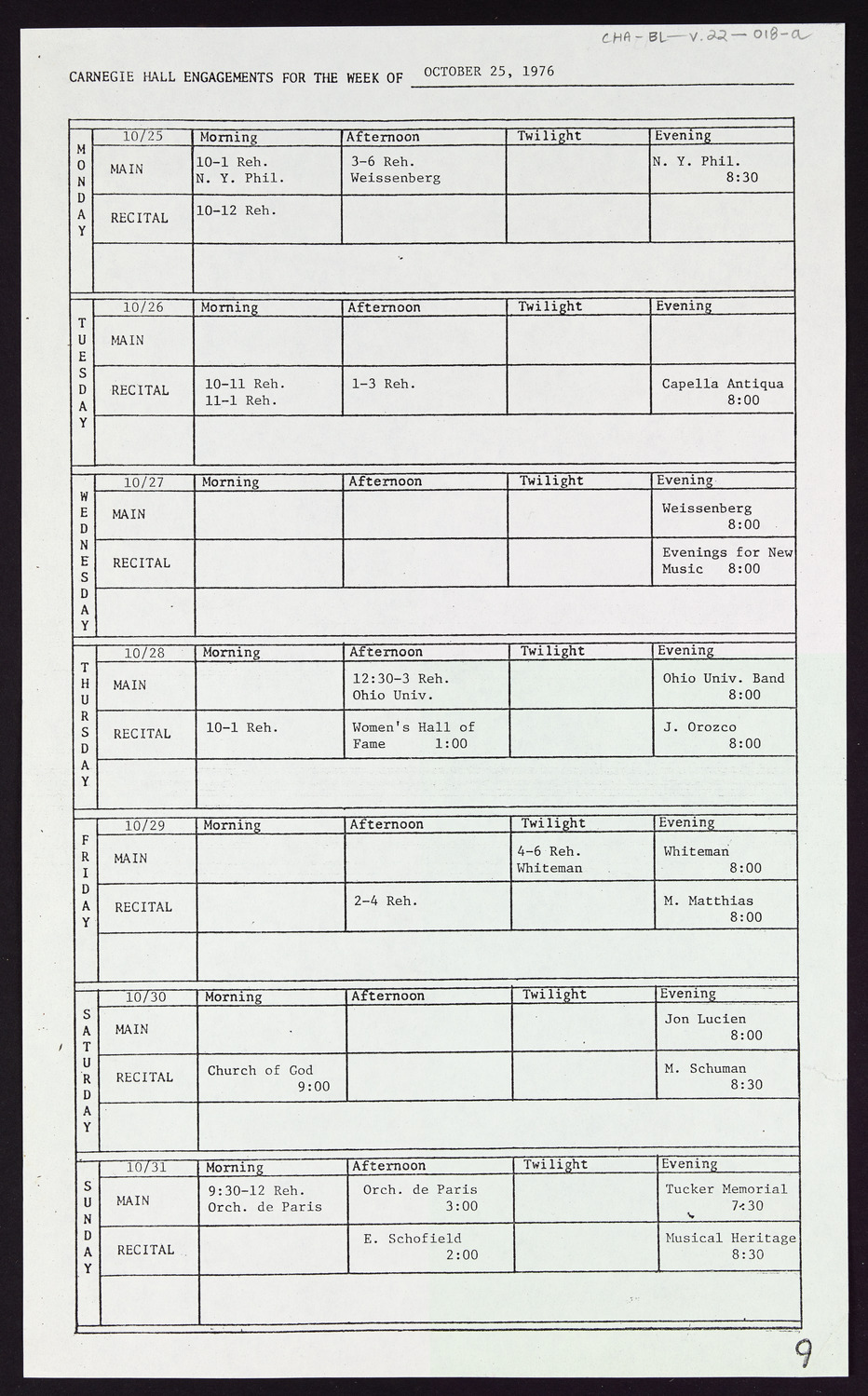 Carnegie Hall Booking Ledger, volume 22, page 18a