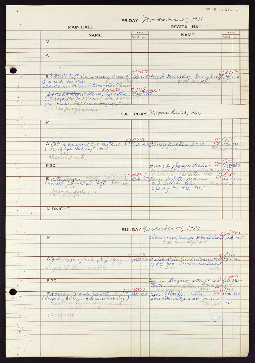 Carnegie Hall Booking Ledger, volume 27, page 29