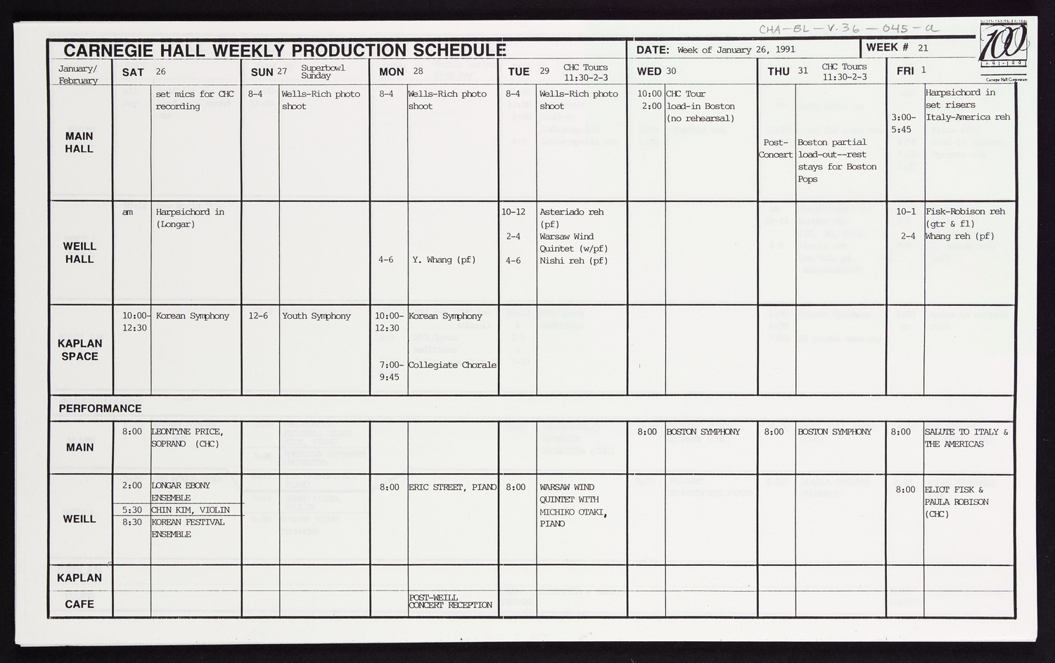 Carnegie Hall Booking Ledger, volume 36, page 45a