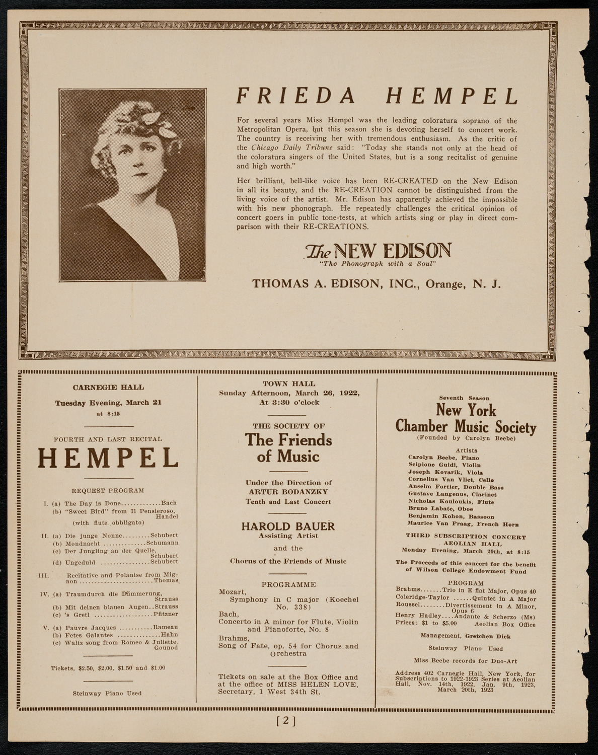 Orchestral concert by Matteo Bensman, March 18, 1922, program page 2