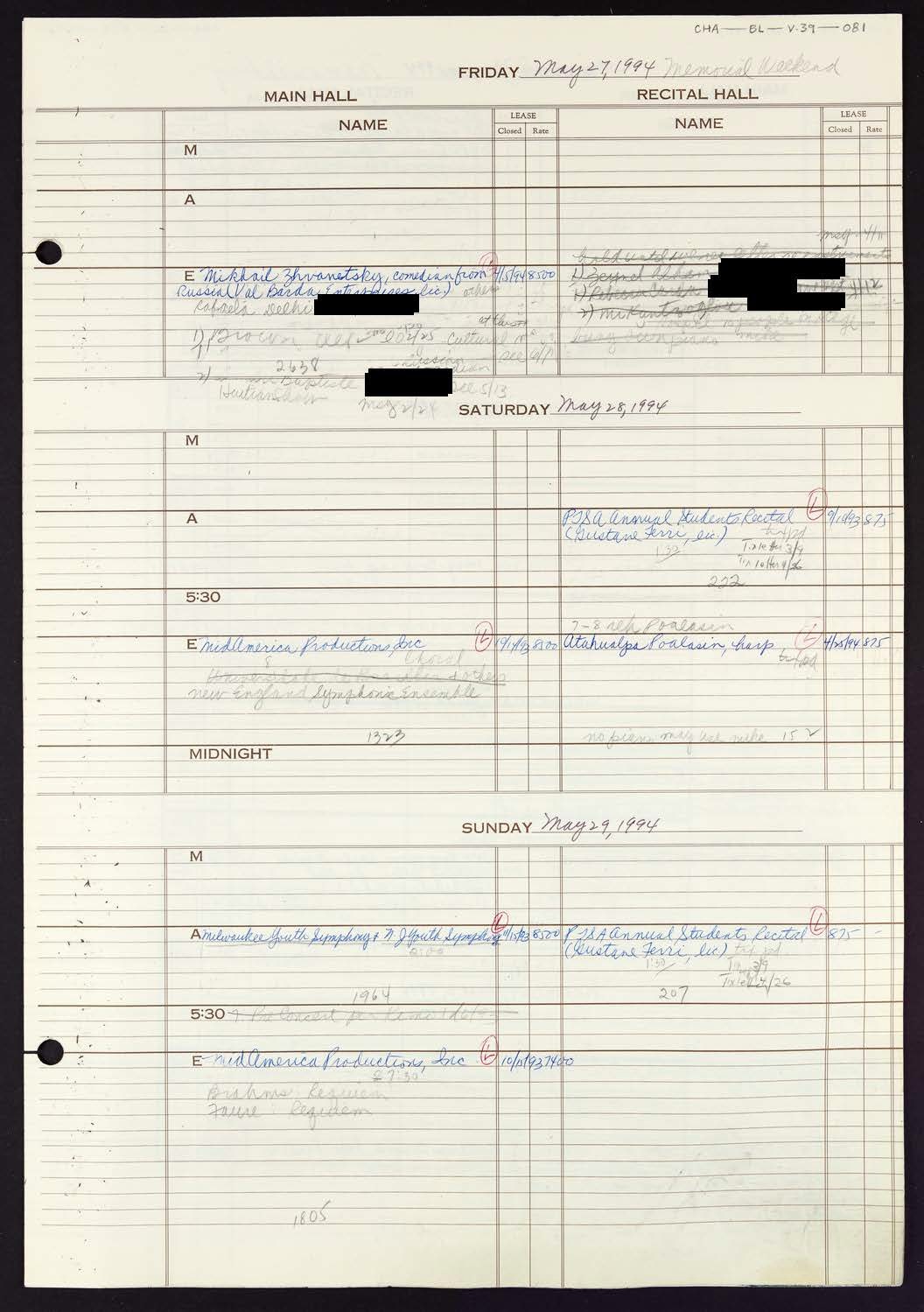 Carnegie Hall Booking Ledger, volume 39, page 81