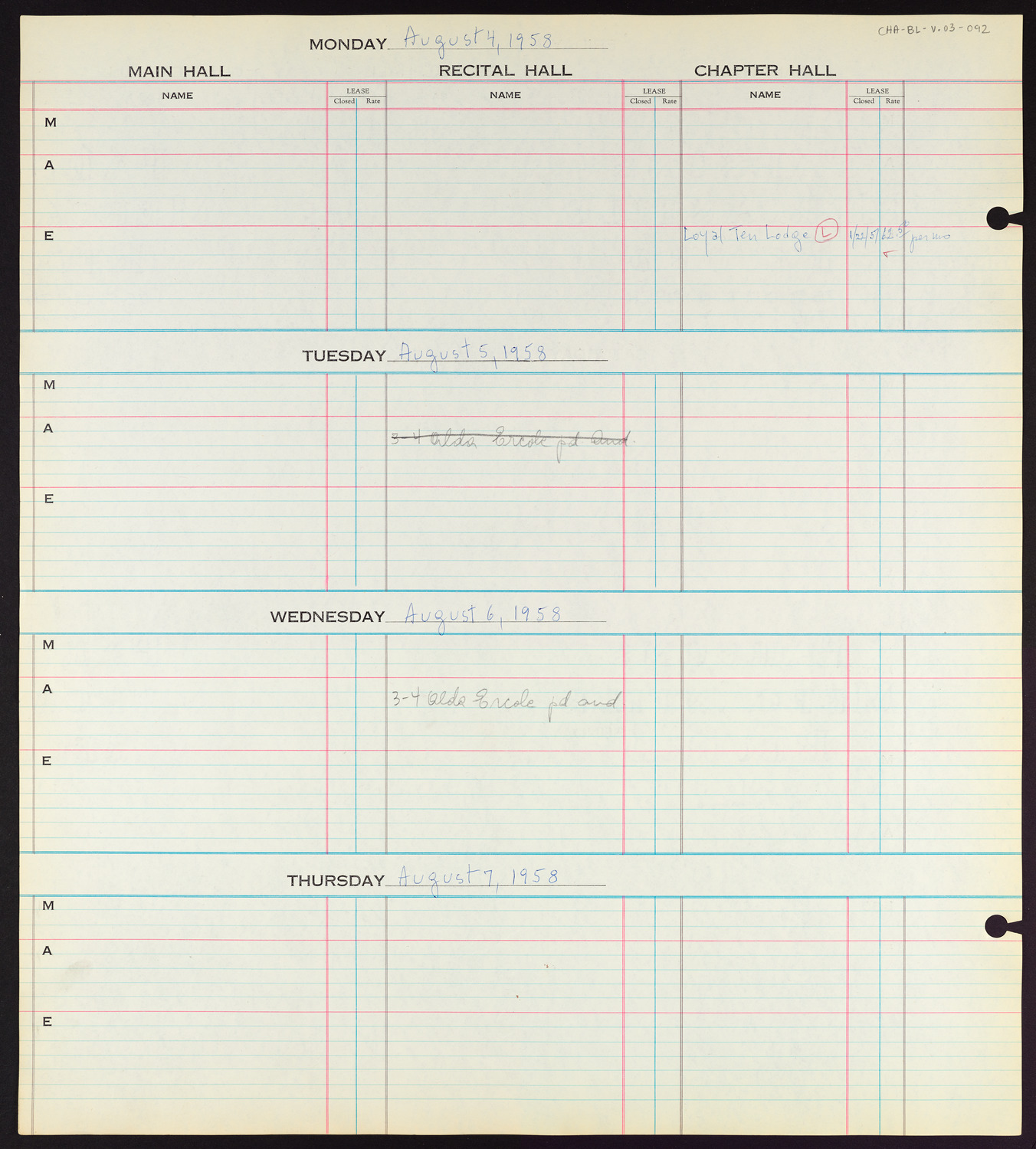 Carnegie Hall Booking Ledger, volume 3, page 92