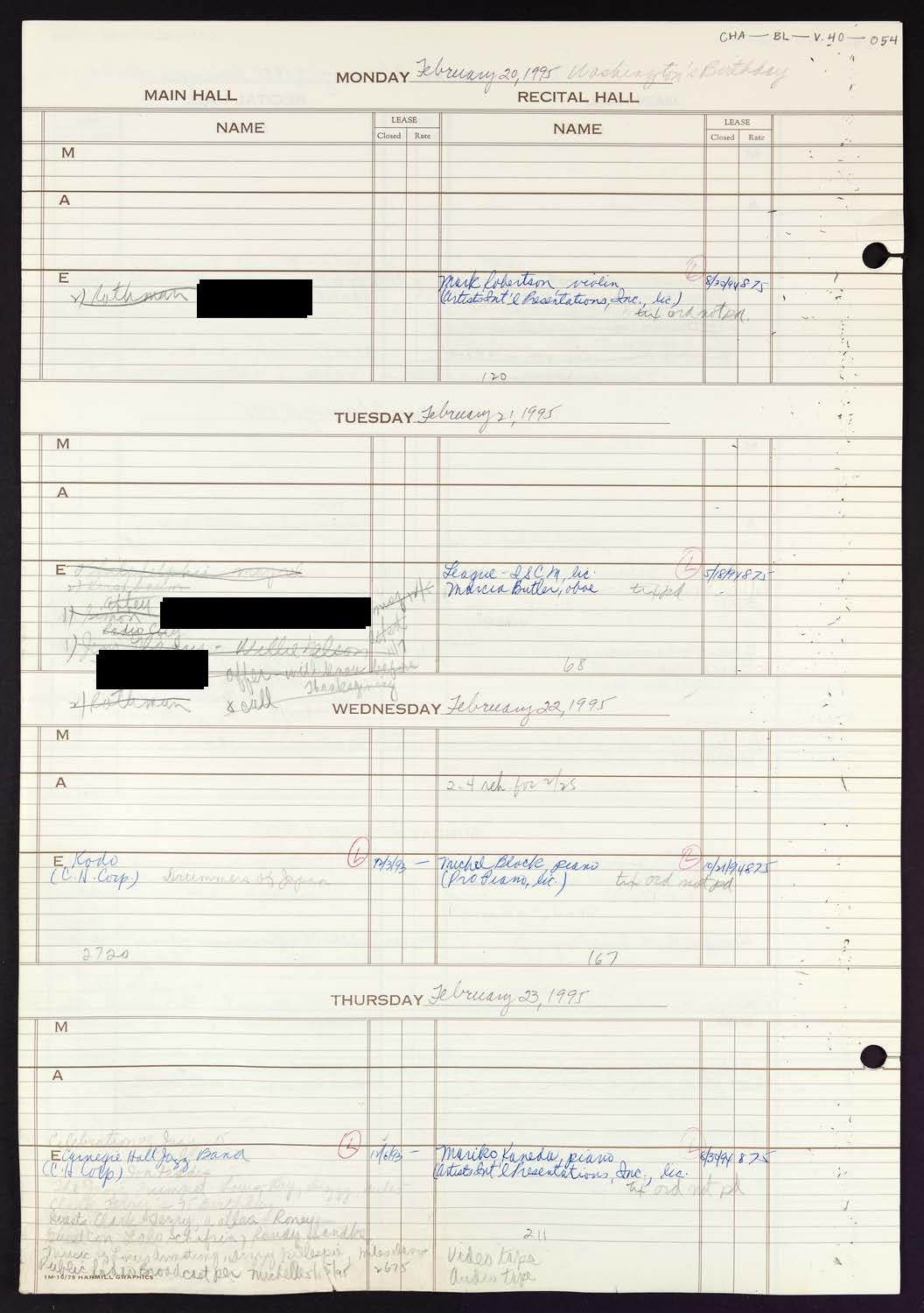 Carnegie Hall Booking Ledger, volume 40, page 54