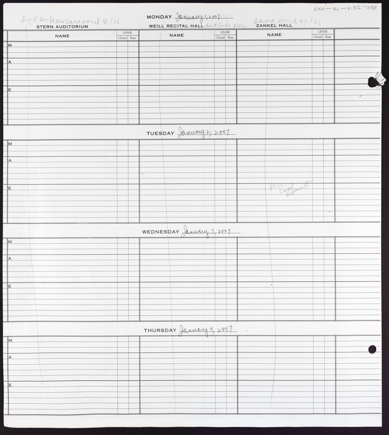 Carnegie Hall Booking Ledger, volume 52, page 38