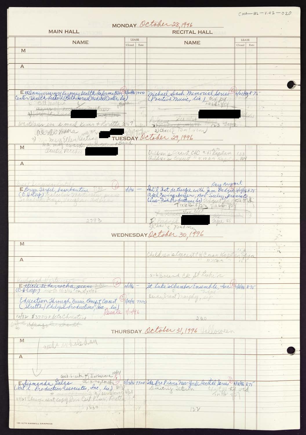 Carnegie Hall Booking Ledger, volume 42, page 20