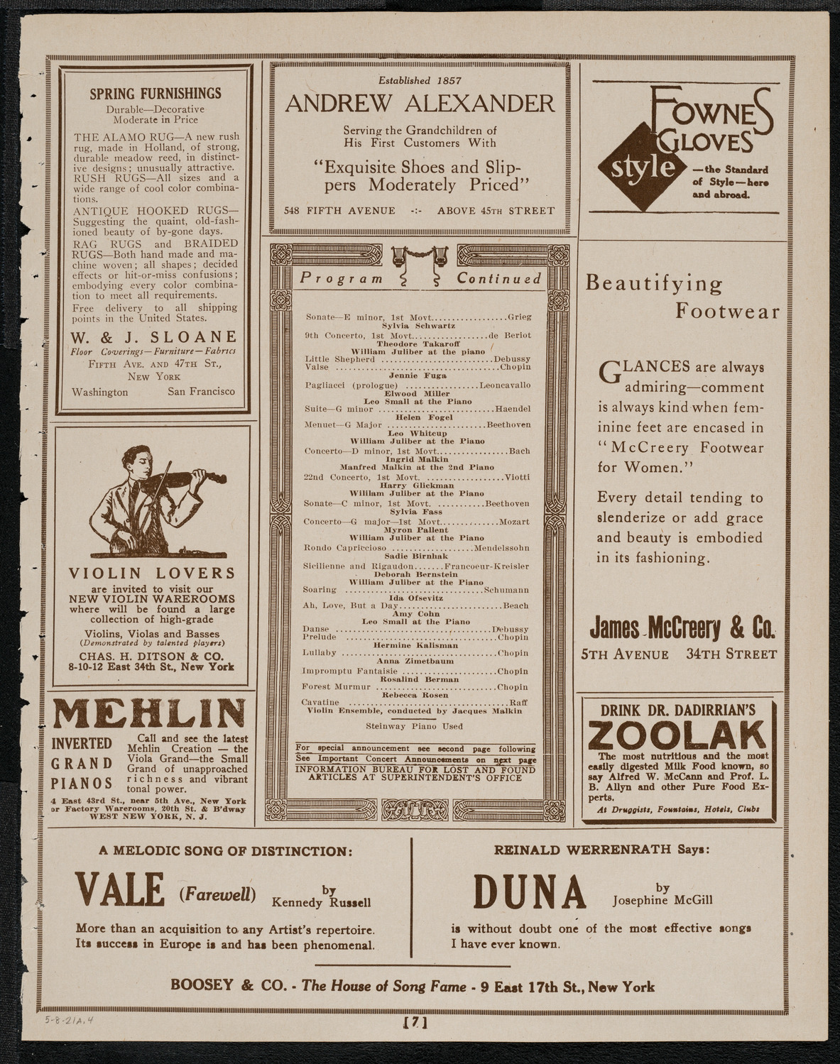 Students of the Malkin Music School, May 8, 1921, program page 7