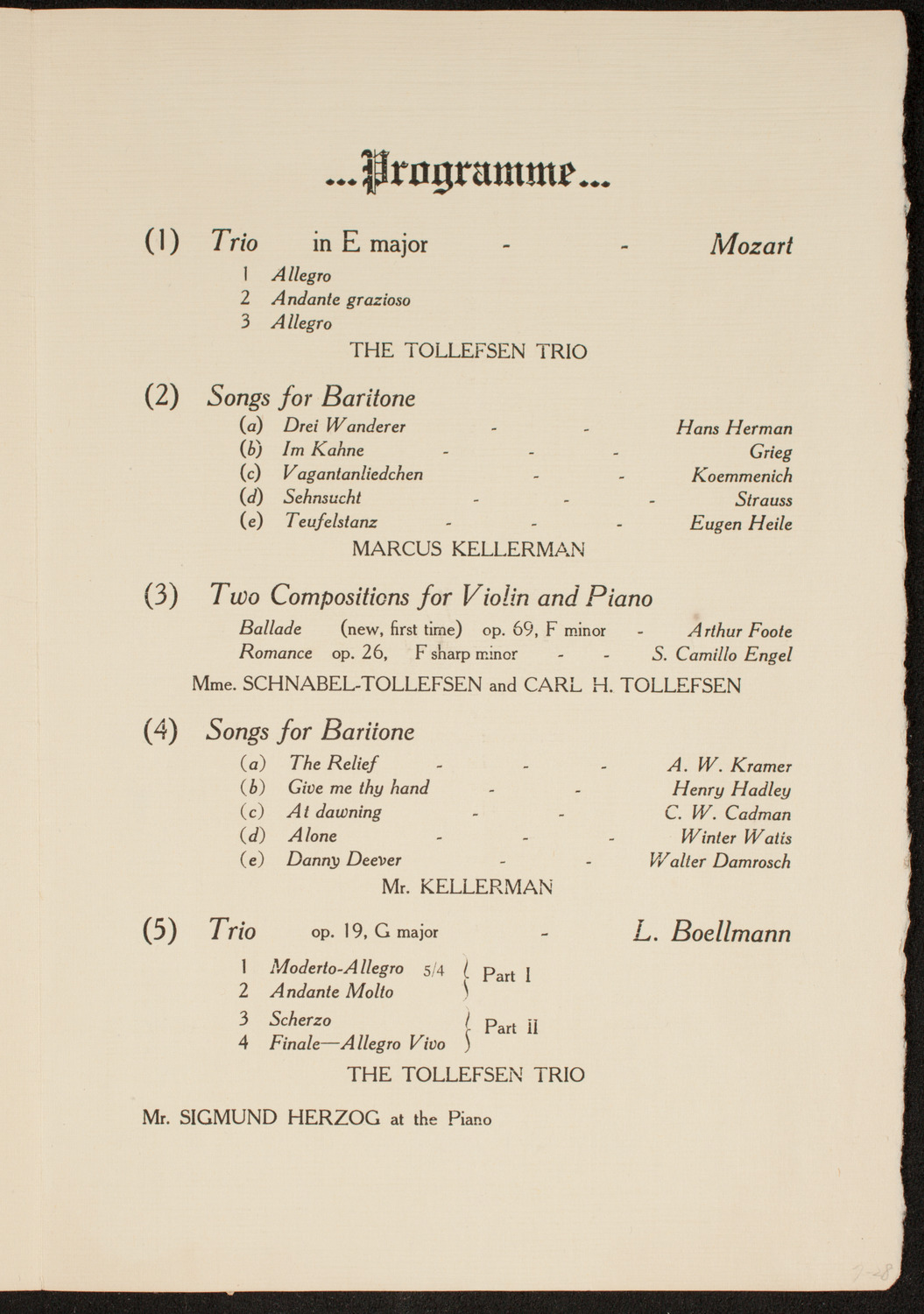 Tollefsen Trio and Marcus Kellerman, January 30, 1912, program page 3