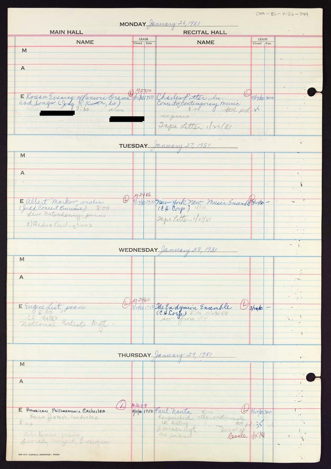 Carnegie Hall Booking Ledger, volume 26, page 44