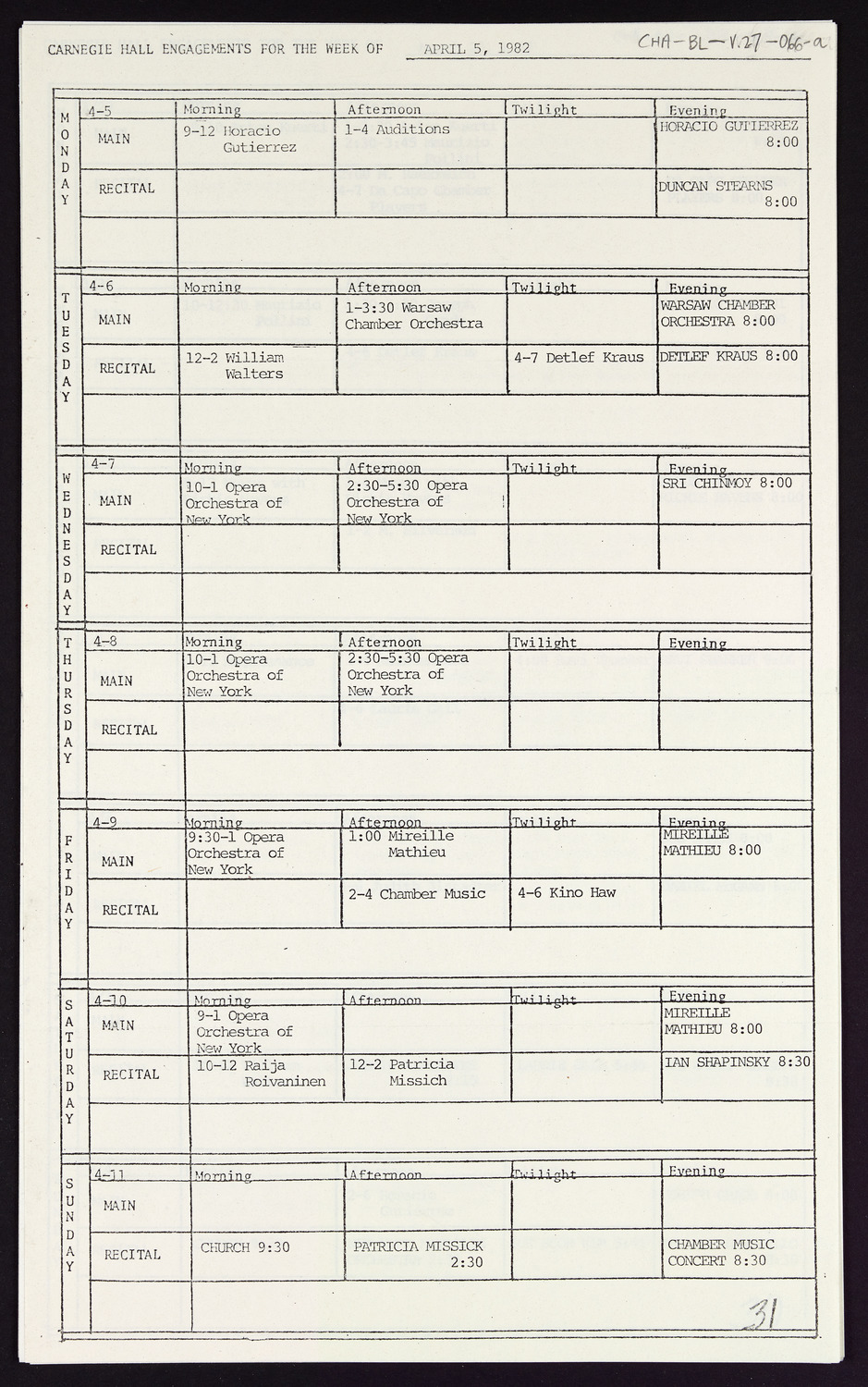 Carnegie Hall Booking Ledger, volume 27, page 66a