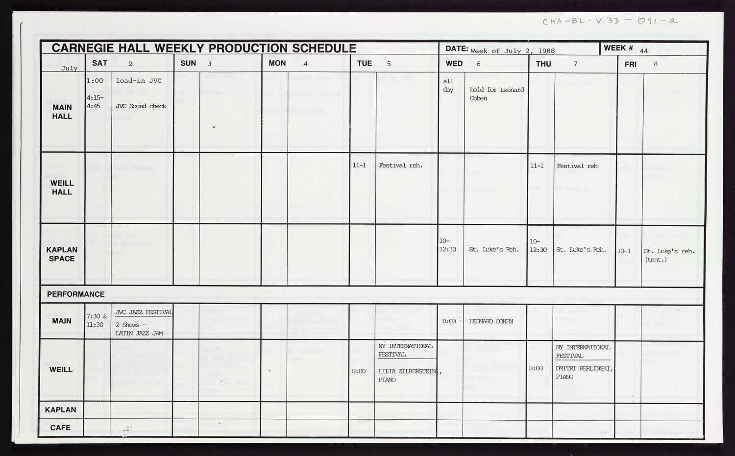 Carnegie Hall Booking Ledger, volume 33, page 91a