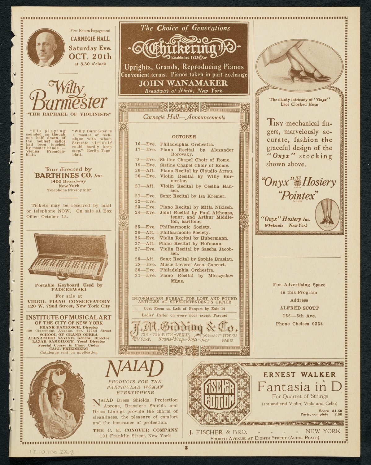 Society of the Friends of Music, October 15, 1923, program page 3