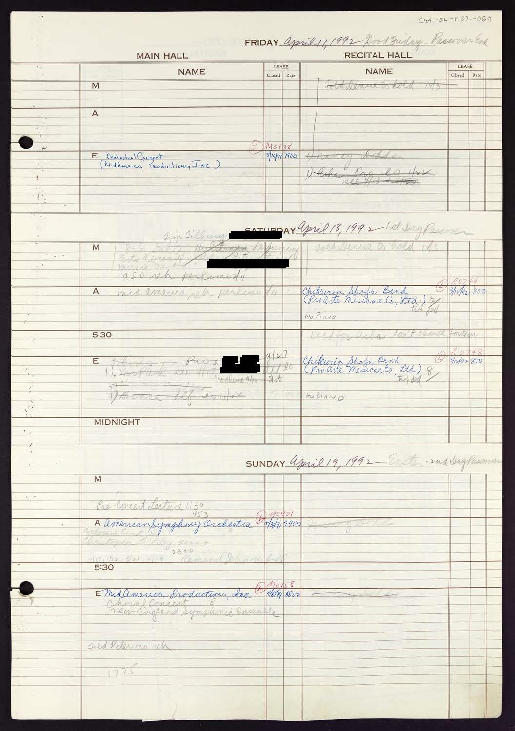 Carnegie Hall Booking Ledger, volume 37, page 69