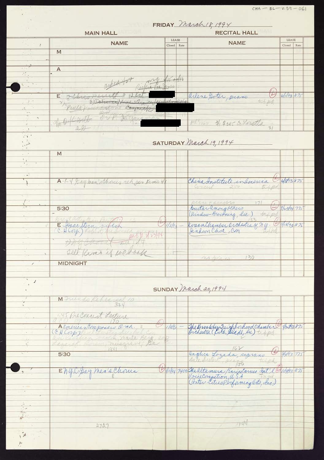 Carnegie Hall Booking Ledger, volume 39, page 61