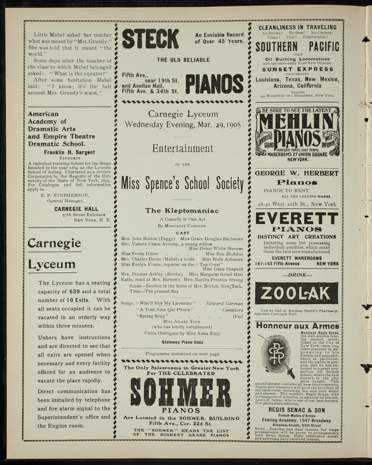 Miss Spence's School Society, March 29, 1905, program page 2
