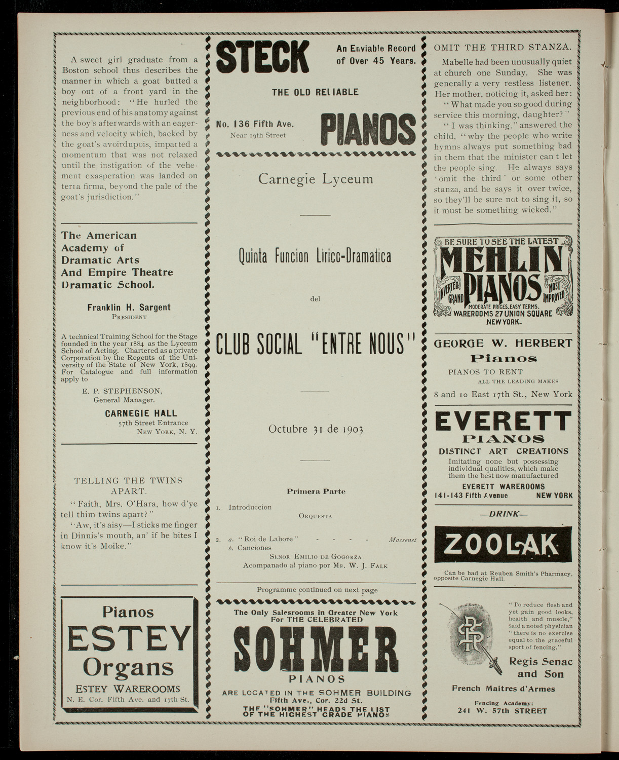 Club Social "Entre Nous", October 31, 1903, program page 2