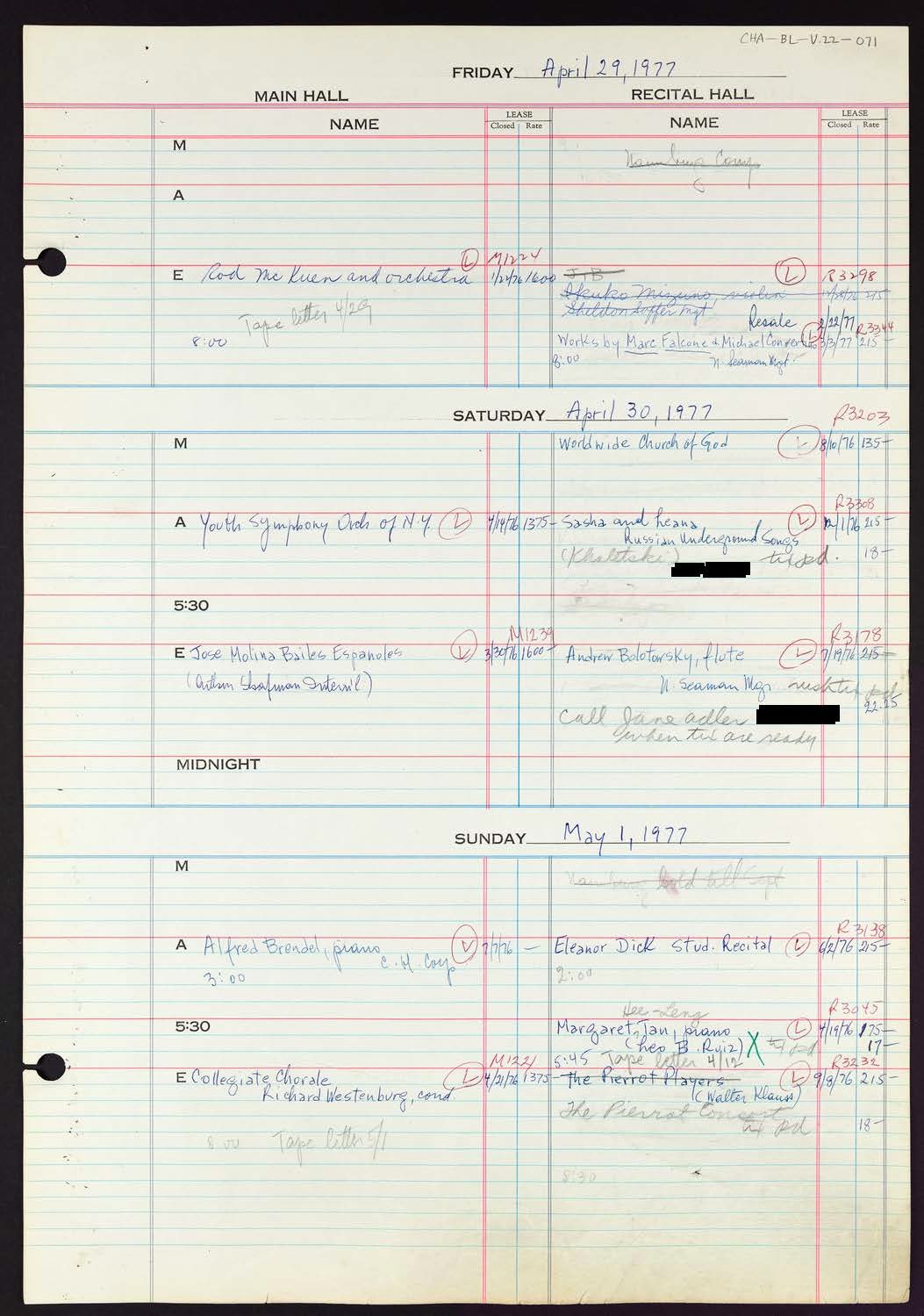 Carnegie Hall Booking Ledger, volume 22, page 71