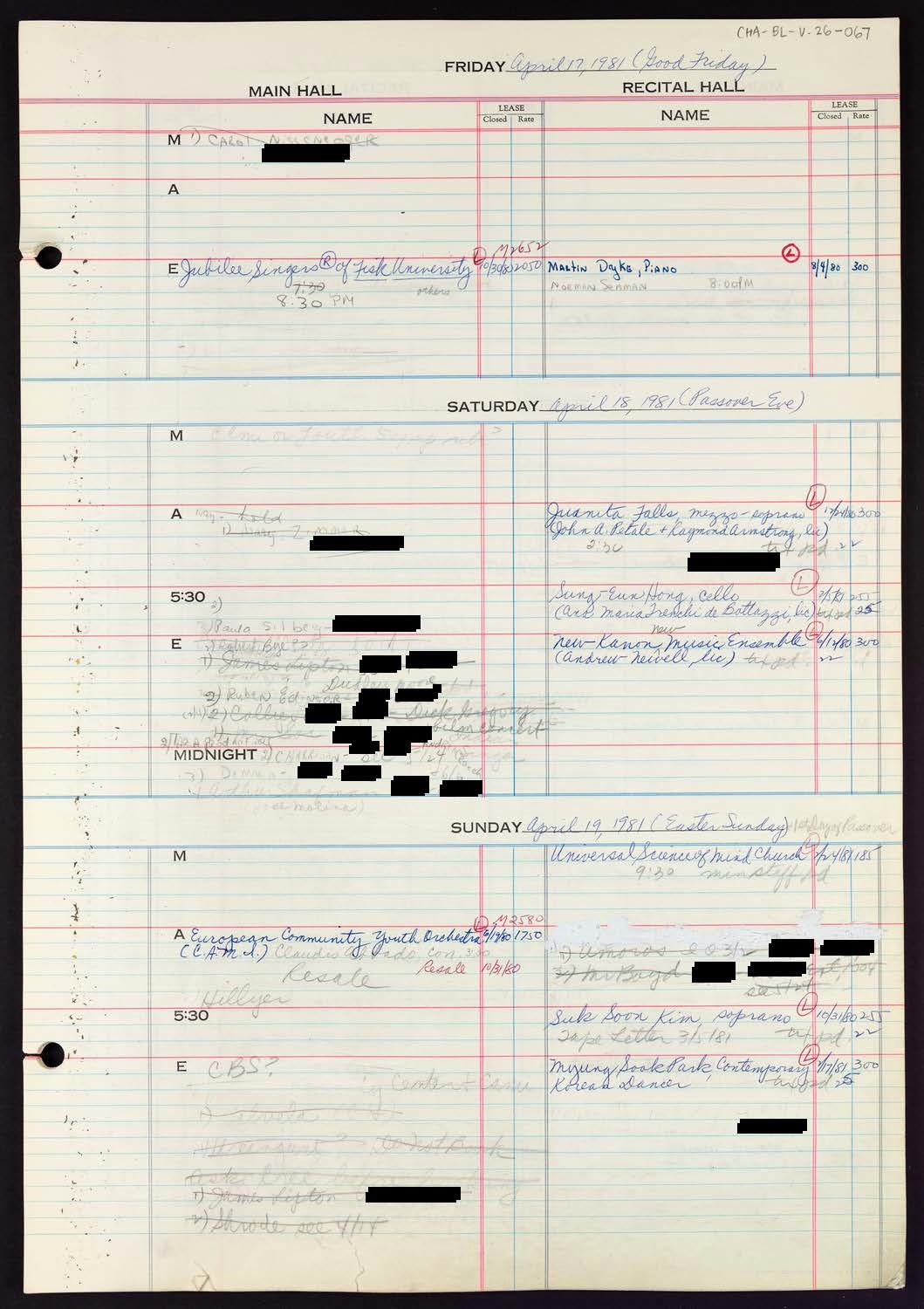 Carnegie Hall Booking Ledger, volume 26, page 67