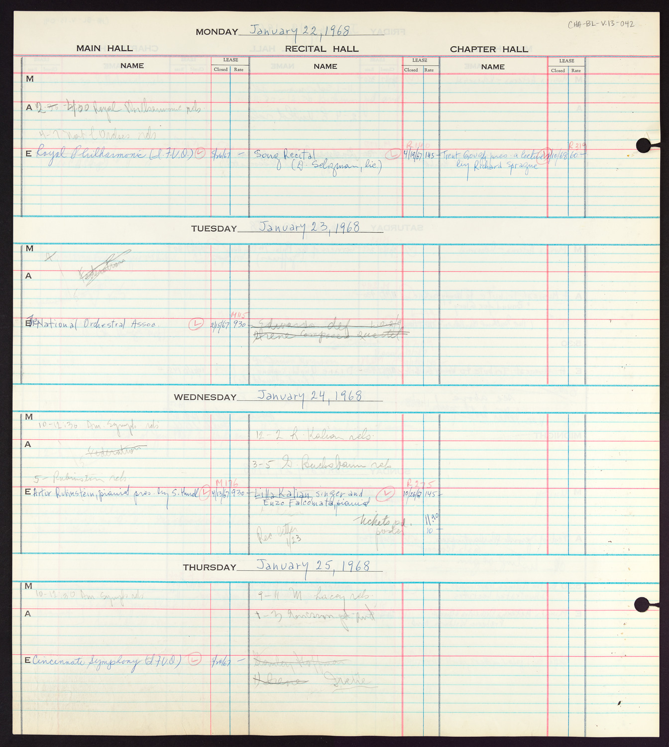 Carnegie Hall Booking Ledger, volume 13, page 42