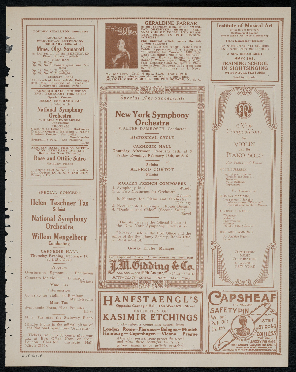 National Symphony Orchestra, February 15, 1921, program page 9