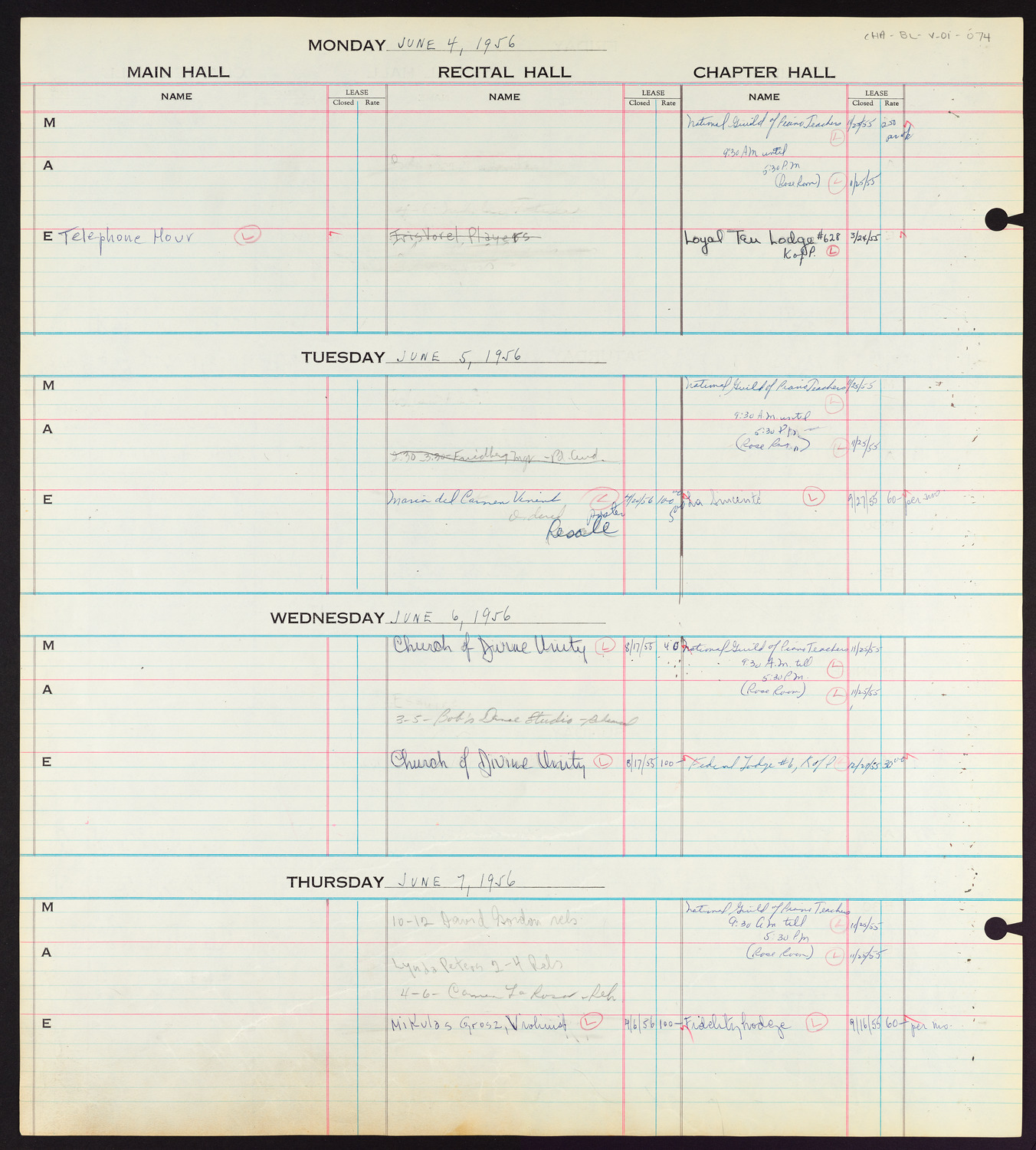 Carnegie Hall Booking Ledger, volume 1, page 74