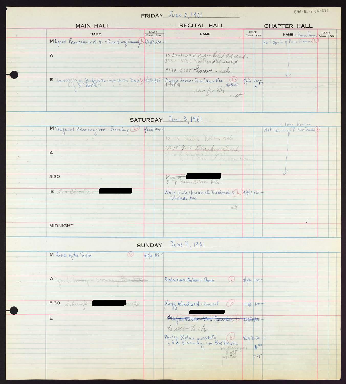 Carnegie Hall Booking Ledger, volume 6, page 71