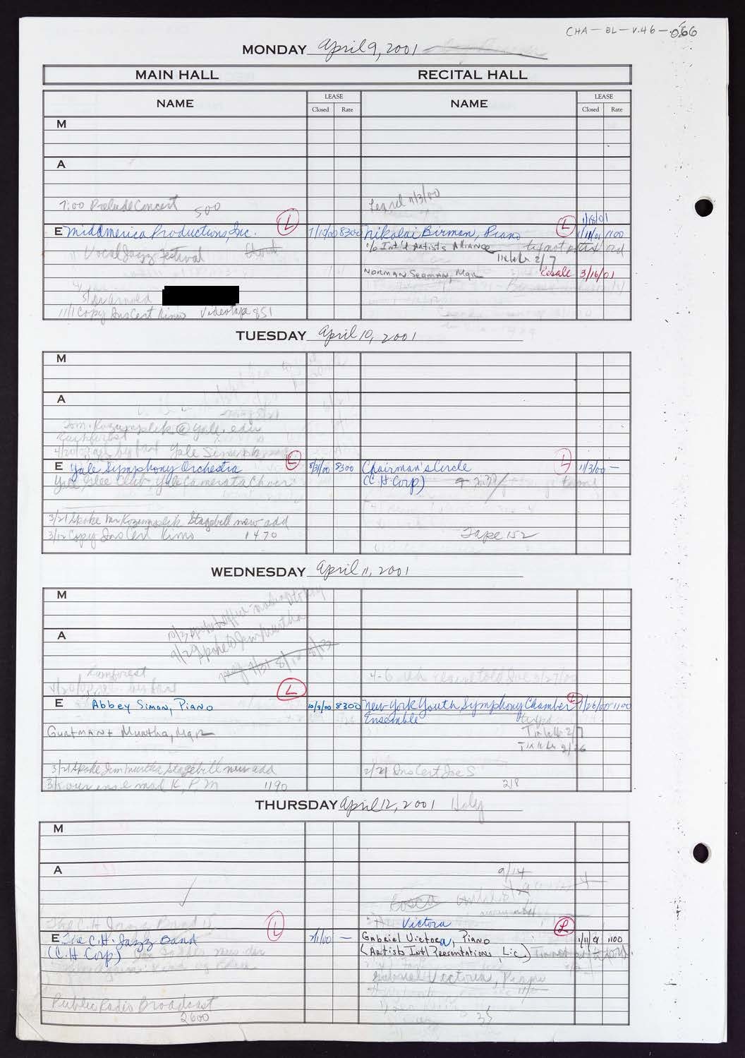 Carnegie Hall Booking Ledger, volume 46, page 66