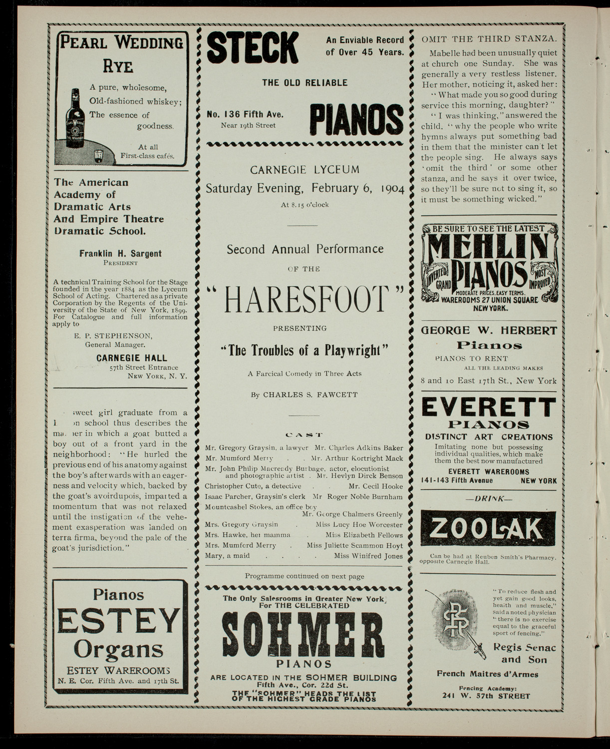 The Haresfoot Club Theatre Group, February 6, 1904, program page 2