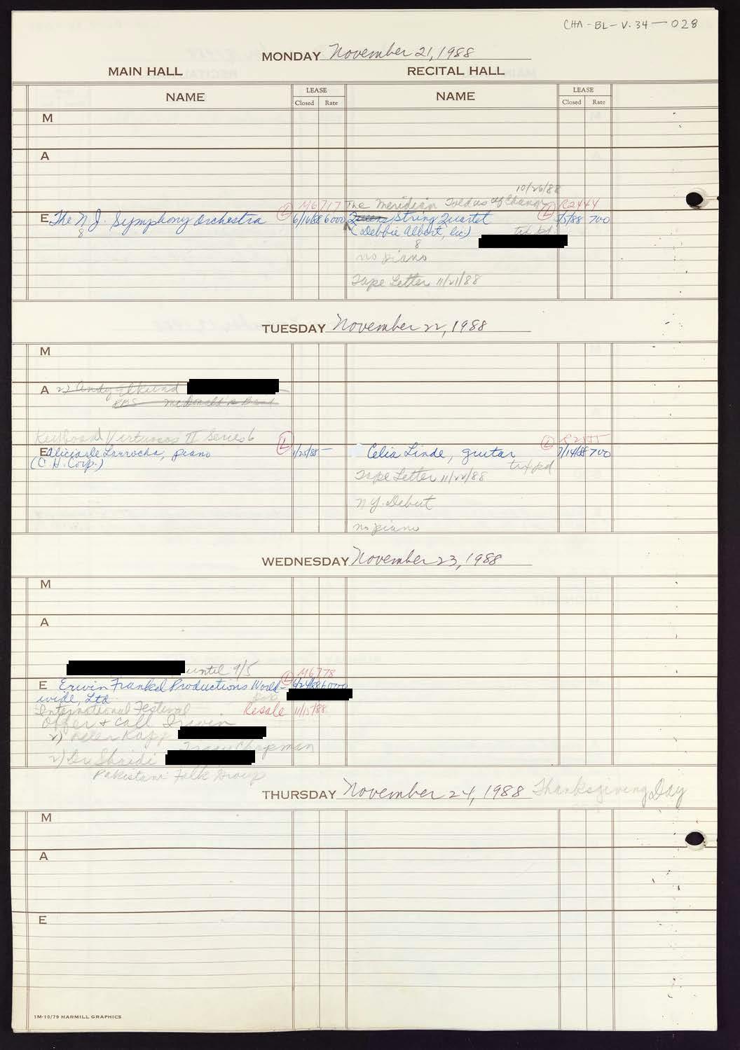 Carnegie Hall Booking Ledger, volume 34, page 28