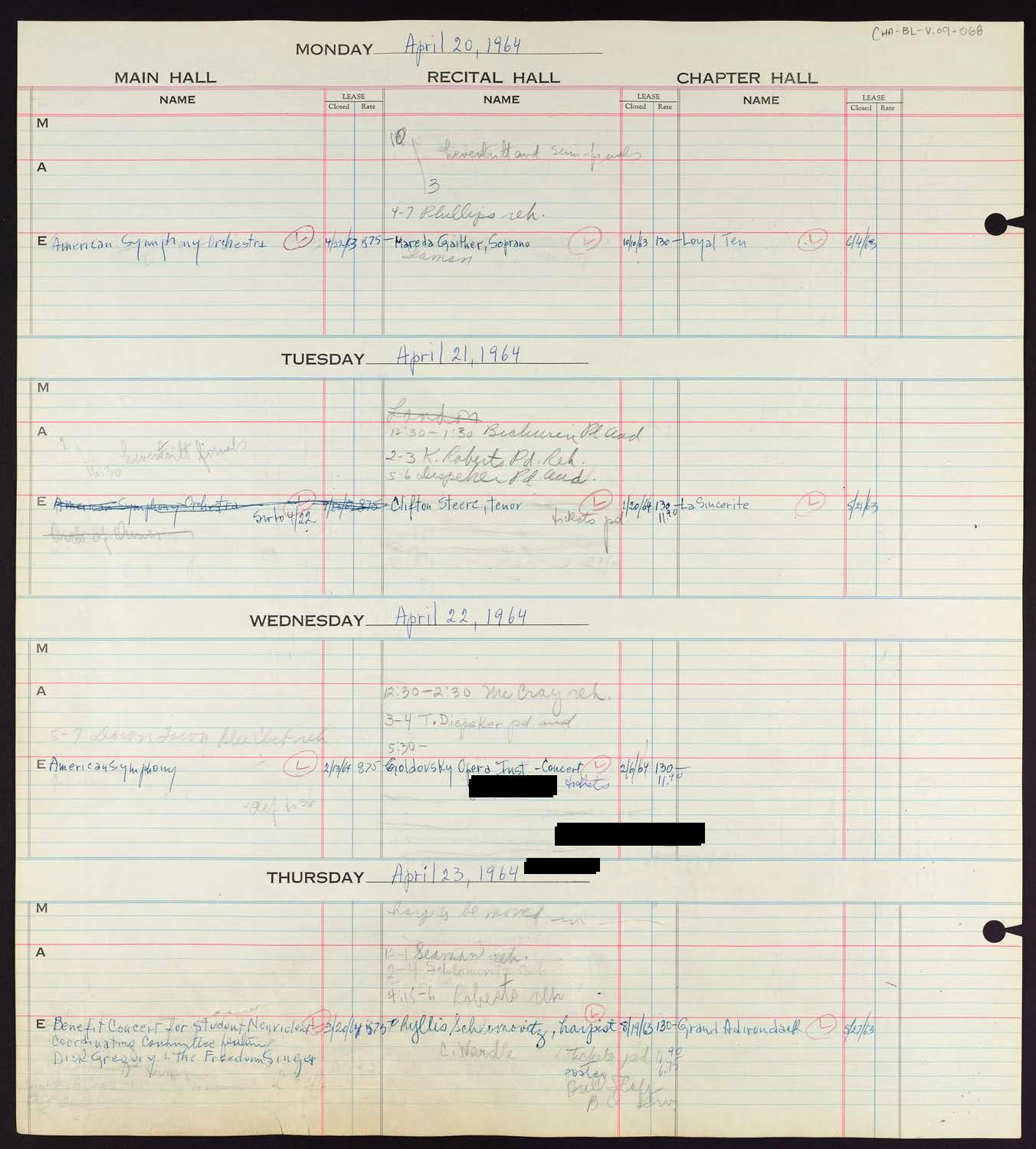 Carnegie Hall Booking Ledger, volume 9, page 68