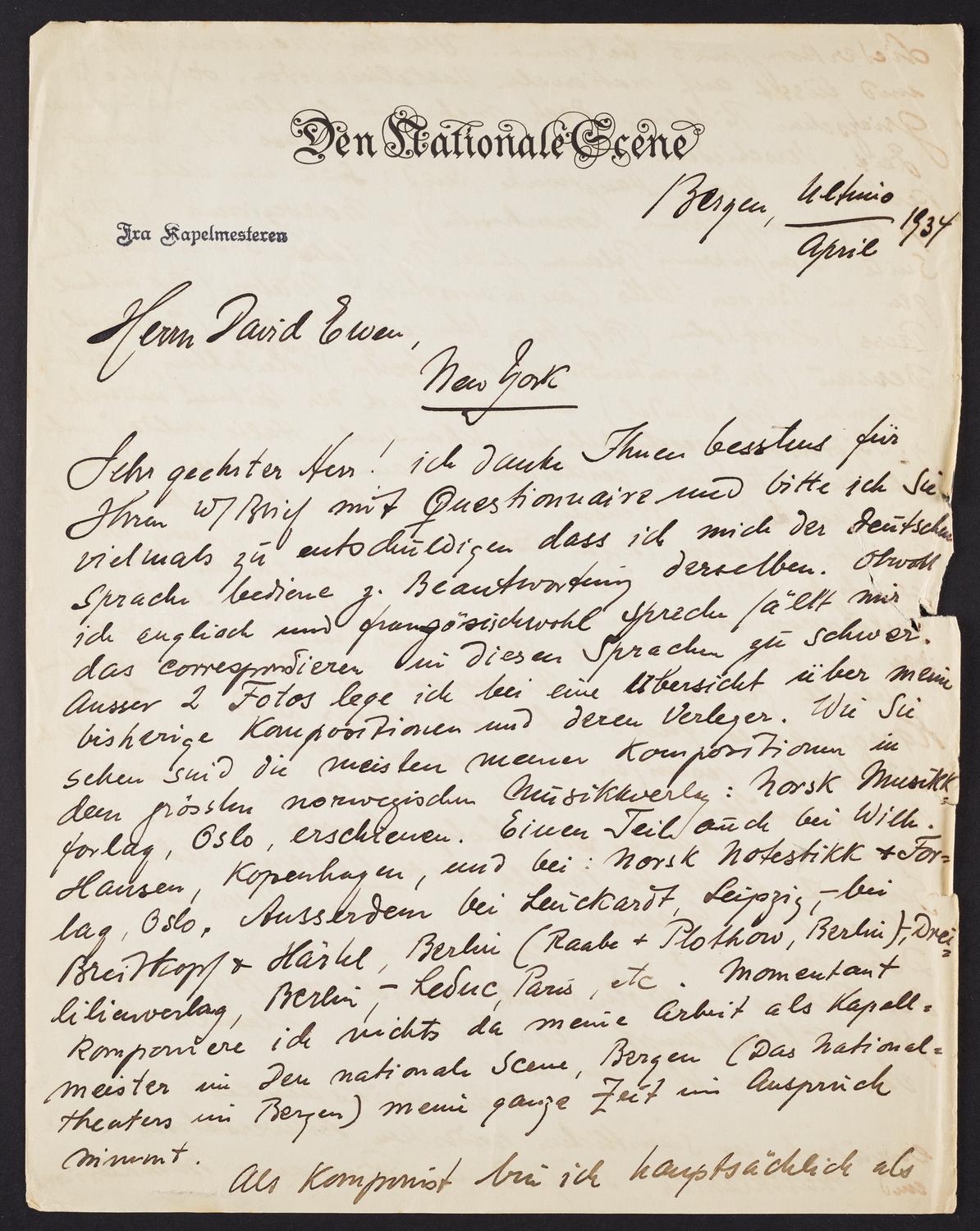 Correspondence from Sverre Jordan to David Ewen, page 1 of 4